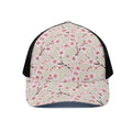 White Cherry Blossom Pattern Print Black Mesh Trucker Hat