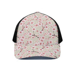 White Cherry Blossom Pattern Print Black Mesh Trucker Cap