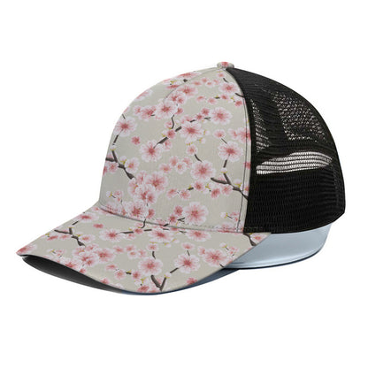 White Cherry Blossom Pattern Print Black Mesh Trucker Cap