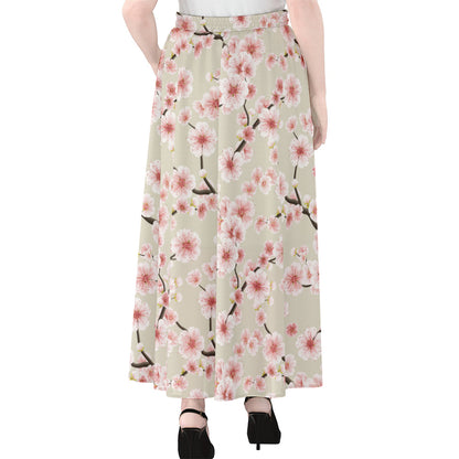 White Cherry Blossom Pattern Print Chiffon Maxi Skirt