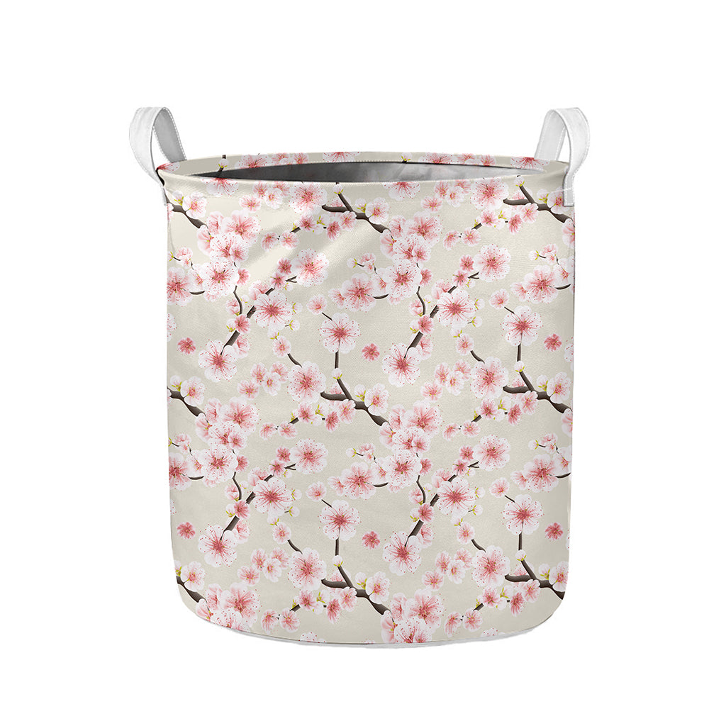 White Cherry Blossom Pattern Print Collapsible Laundry Basket