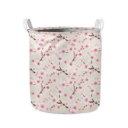 White Cherry Blossom Pattern Print Collapsible Laundry Basket