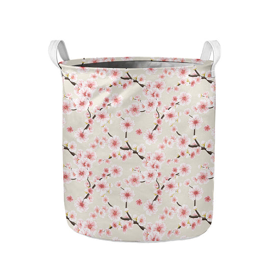 White Cherry Blossom Pattern Print Collapsible Laundry Basket