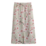 White Cherry Blossom Pattern Print Cotton Front Slit Maxi Skirt