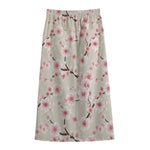 White Cherry Blossom Pattern Print Cotton Front Slit Maxi Skirt
