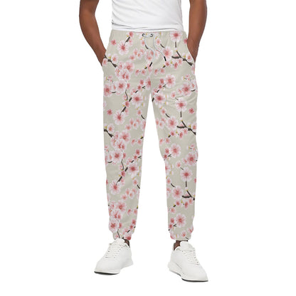 White Cherry Blossom Pattern Print Cotton Pants