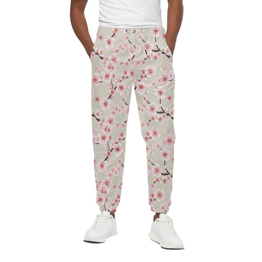 White Cherry Blossom Pattern Print Cotton Pants