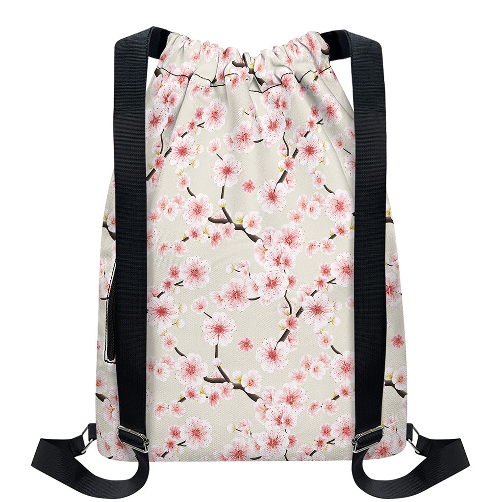 White Cherry Blossom Pattern Print Drawstring Backpack