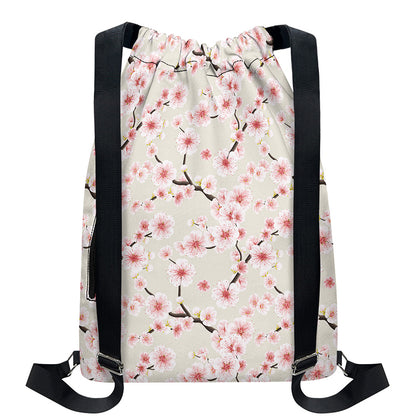 White Cherry Blossom Pattern Print Drawstring Backpack