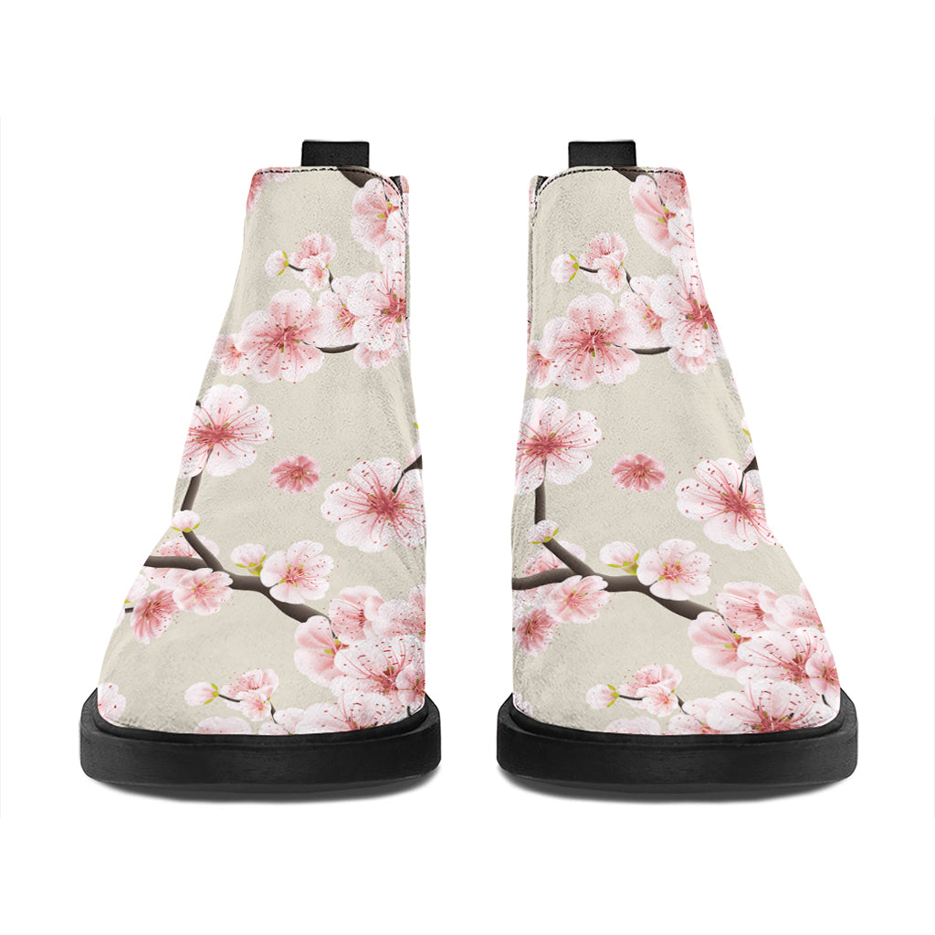 White Cherry Blossom Pattern Print Flat Ankle Boots