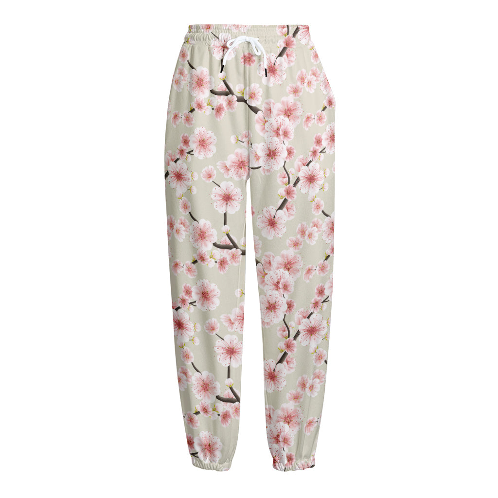 White Cherry Blossom Pattern Print Fleece Lined Knit Pants