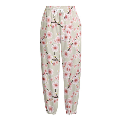 White Cherry Blossom Pattern Print Fleece Lined Knit Pants