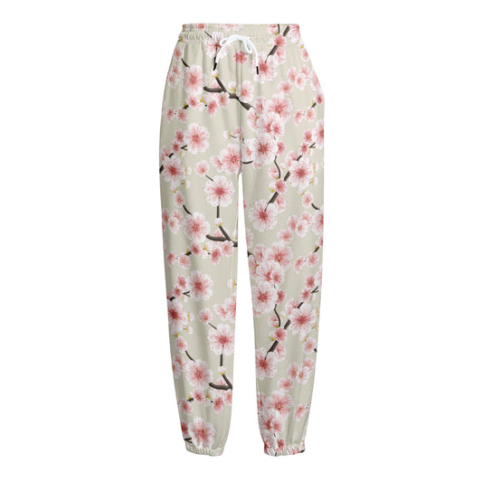 White Cherry Blossom Pattern Print Fleece Lined Knit Pants