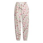 White Cherry Blossom Pattern Print Fleece Lined Knit Pants