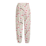 White Cherry Blossom Pattern Print Fleece Lined Knit Pants