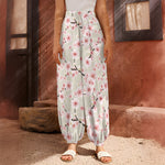 White Cherry Blossom Pattern Print Harem Pants