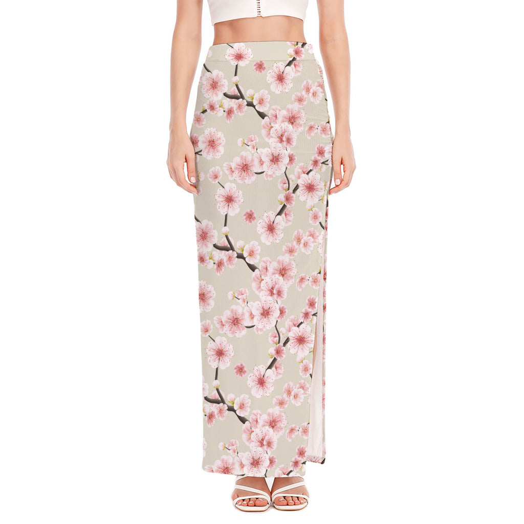 White Cherry Blossom Pattern Print High Slit Maxi Skirt