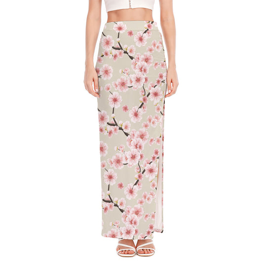 White Cherry Blossom Pattern Print High Slit Maxi Skirt