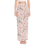 White Cherry Blossom Pattern Print High Slit Maxi Skirt