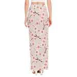White Cherry Blossom Pattern Print High Slit Maxi Skirt