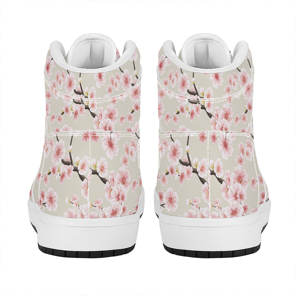 White Cherry Blossom Pattern Print High Top Leather Sneakers
