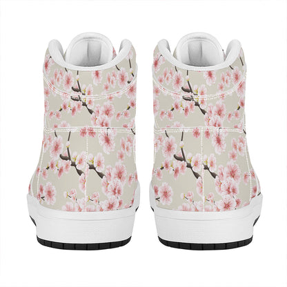 White Cherry Blossom Pattern Print High Top Leather Sneakers