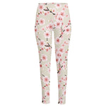 White Cherry Blossom Pattern Print High-Waisted Pocket Leggings