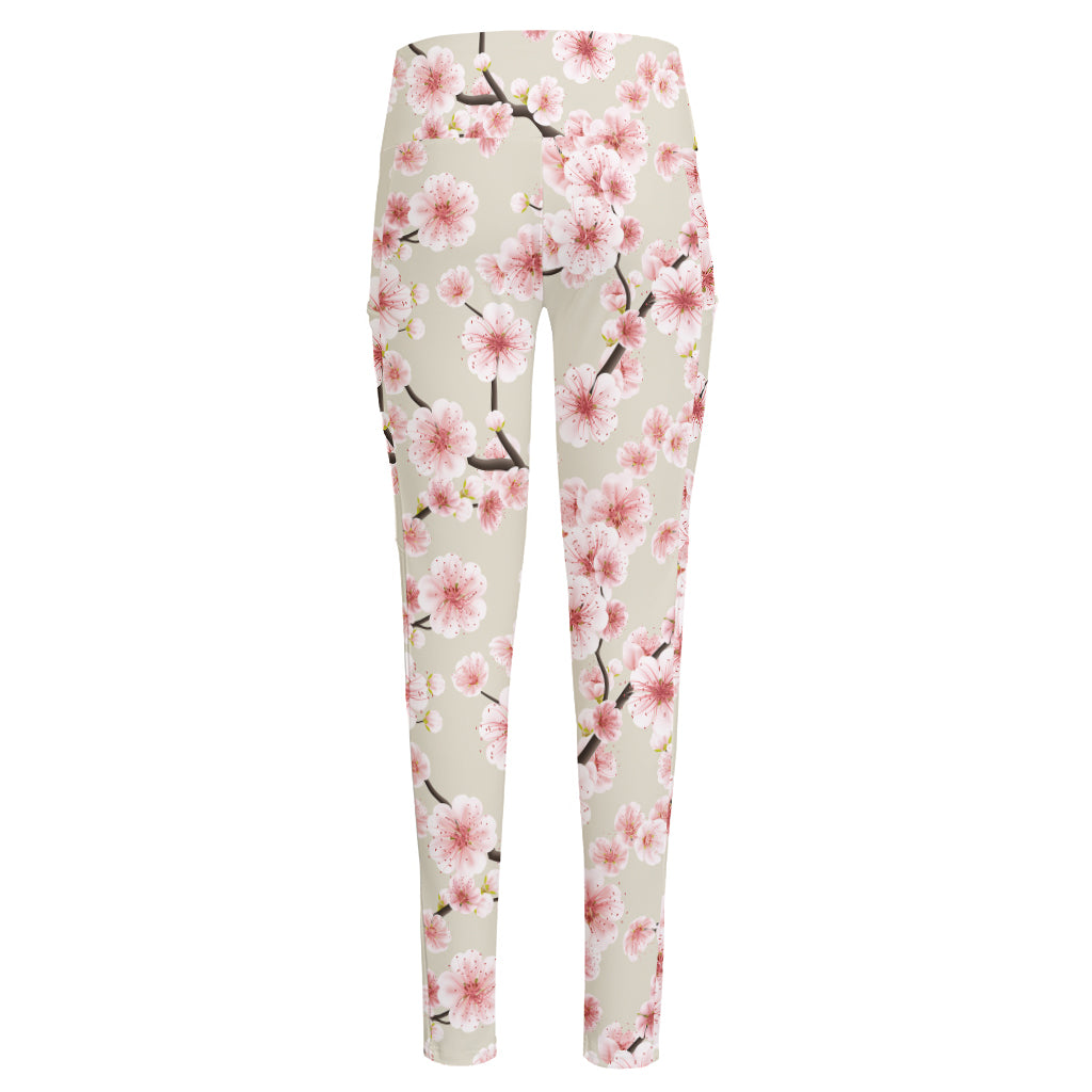 White Cherry Blossom Pattern Print High-Waisted Pocket Leggings