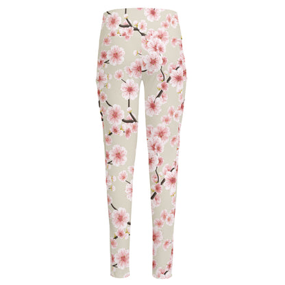 White Cherry Blossom Pattern Print High-Waisted Pocket Leggings