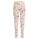 White Cherry Blossom Pattern Print High-Waisted Pocket Leggings