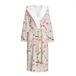 White Cherry Blossom Pattern Print Hooded Bathrobe