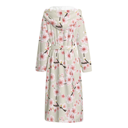 White Cherry Blossom Pattern Print Hooded Bathrobe
