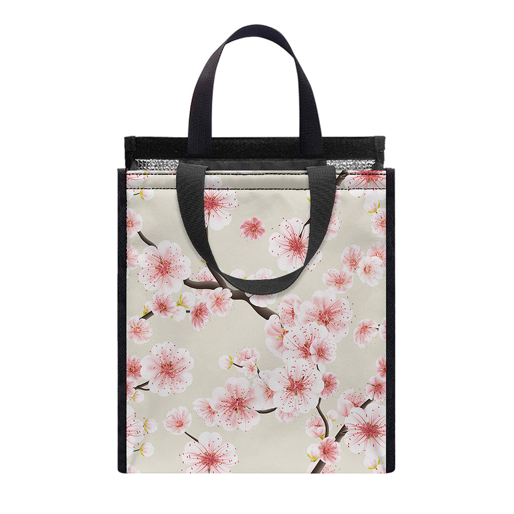 White Cherry Blossom Pattern Print Insulated Lunch Tote