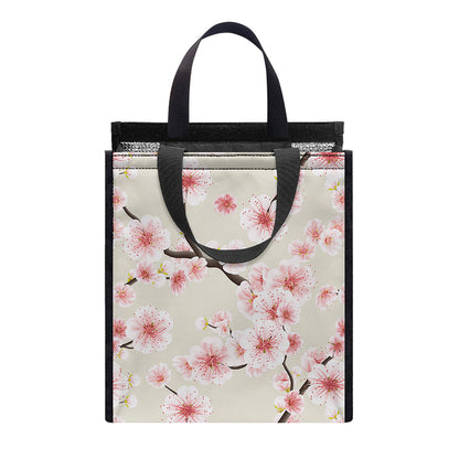 White Cherry Blossom Pattern Print Insulated Lunch Tote