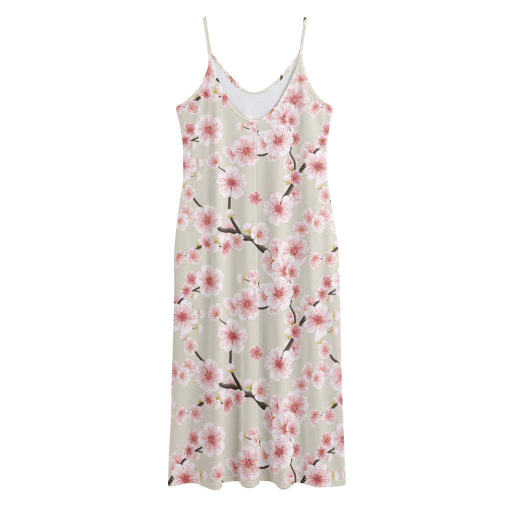 White Cherry Blossom Pattern Print Jersey Midi Cami Dress