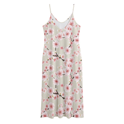White Cherry Blossom Pattern Print Jersey Midi Cami Dress
