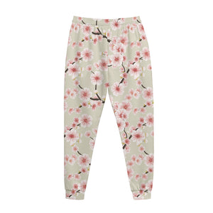 White Cherry Blossom Pattern Print Jogger Pants