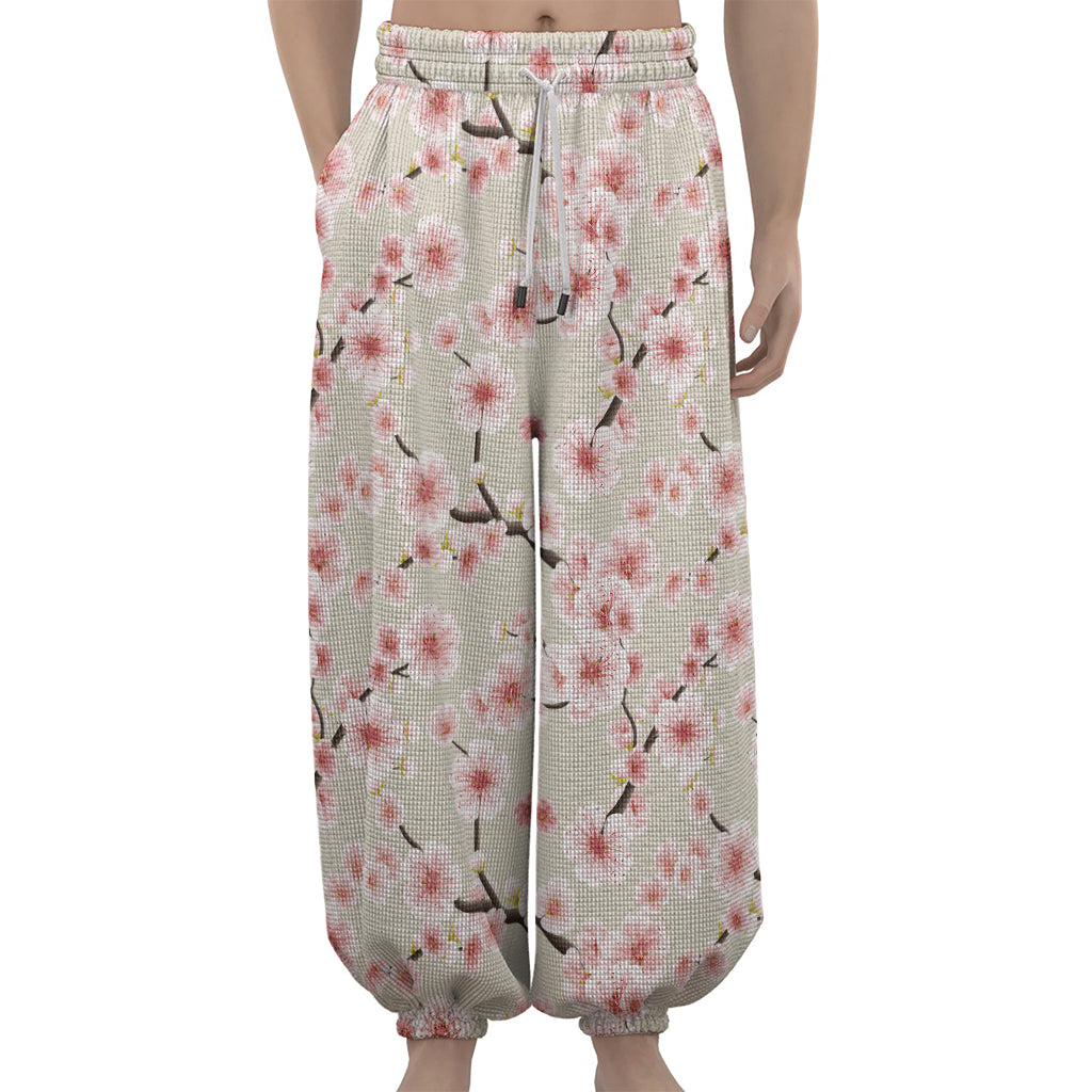 White Cherry Blossom Pattern Print Lantern Pants