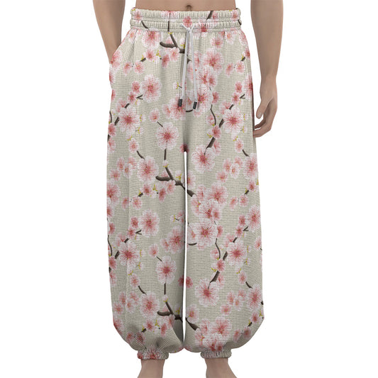 White Cherry Blossom Pattern Print Lantern Pants
