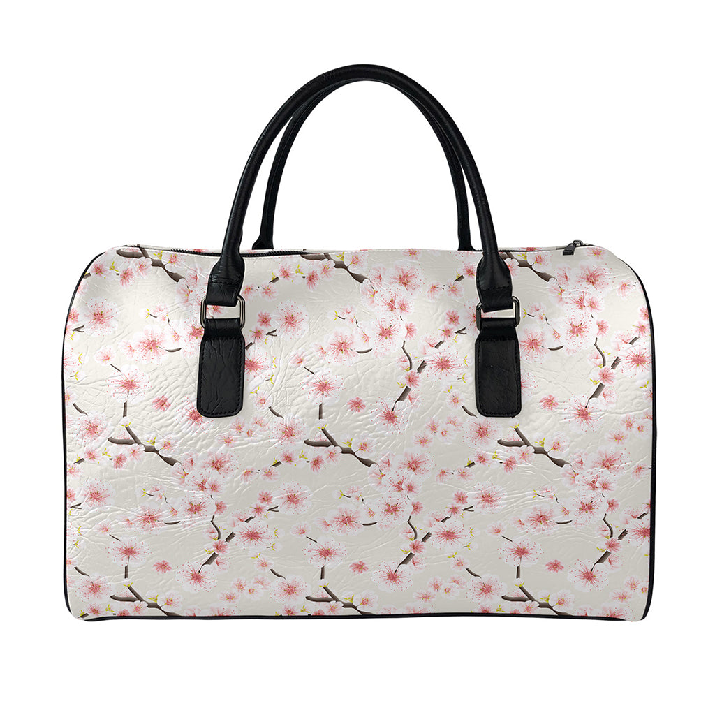 White Cherry Blossom Pattern Print Leather Duffle Bag