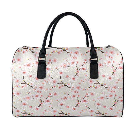 White Cherry Blossom Pattern Print Leather Duffle Bag