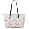 White Cherry Blossom Pattern Print Leather Tote Bag With Zipper
