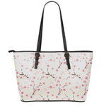 White Cherry Blossom Pattern Print Leather Tote Bag