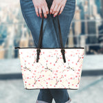 White Cherry Blossom Pattern Print Leather Tote Bag