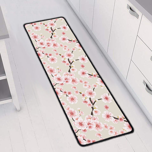 White Cherry Blossom Pattern Print Long Kitchen Mat