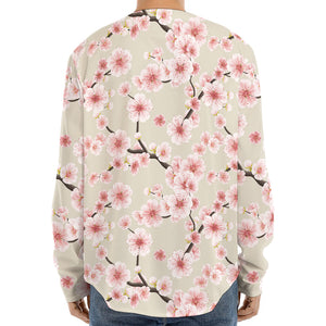 White Cherry Blossom Pattern Print Long Sleeve Baseball Jersey