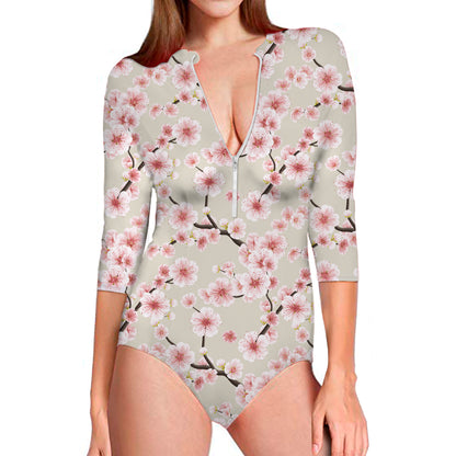 White Cherry Blossom Pattern Print Long Sleeve Swimsuit