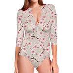 White Cherry Blossom Pattern Print Long Sleeve Swimsuit