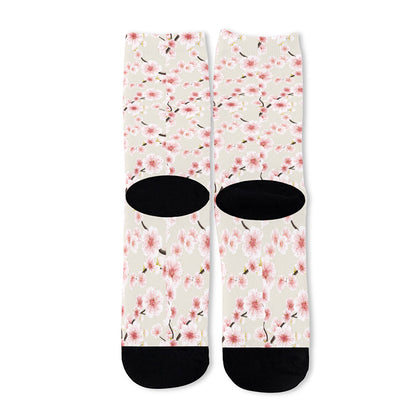 White Cherry Blossom Pattern Print Long Socks