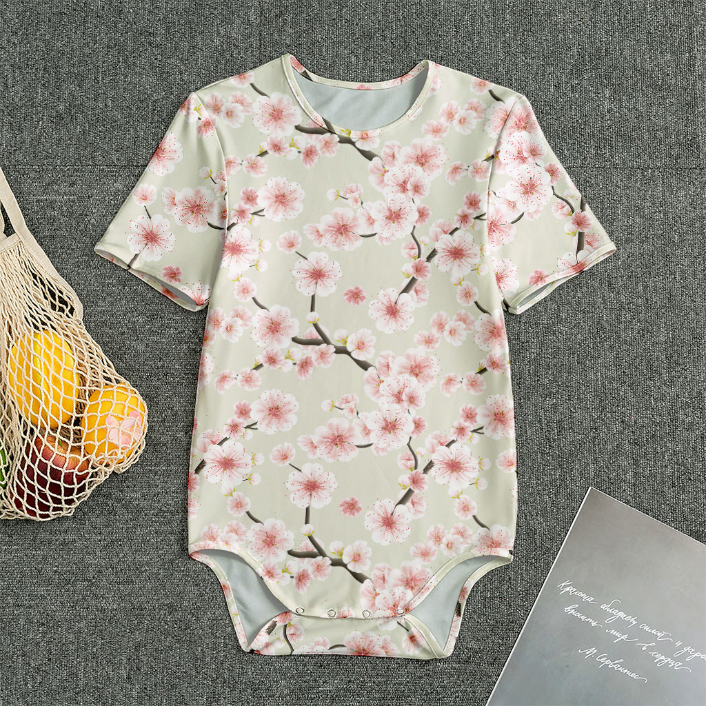 White Cherry Blossom Pattern Print Men's Bodysuit